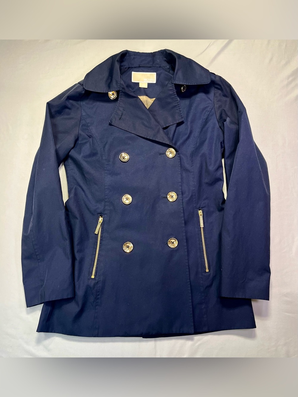 MICHAEL Michael Kors Navy Double-Breasted Trench Coat with Gold Hardware